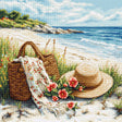 Kit de punto de cruz Luca-S B732 Echo of Summer con paisaje de playa, sombrero, cesta, flores y mar al fondo bordado sobre Aida Zweigart.