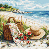 Kit de punto de cruz Luca-S B732 Echo of Summer con paisaje de playa, sombrero, cesta, flores y mar al fondo bordado sobre Aida Zweigart.