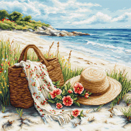 Kit de punto de cruz Luca-S B732 Echo of Summer con paisaje de playa, sombrero, cesta, flores y mar al fondo bordado sobre Aida Zweigart.
