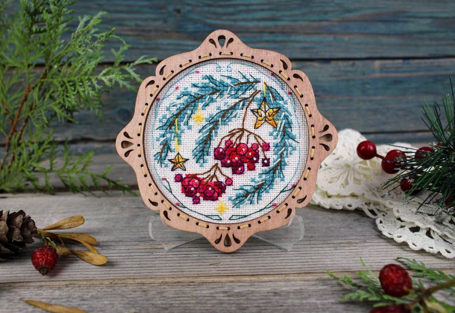Cross Stitch Embroidery on Wooden Base "Miniature. Winter Gift" SO-102 by MP Studia