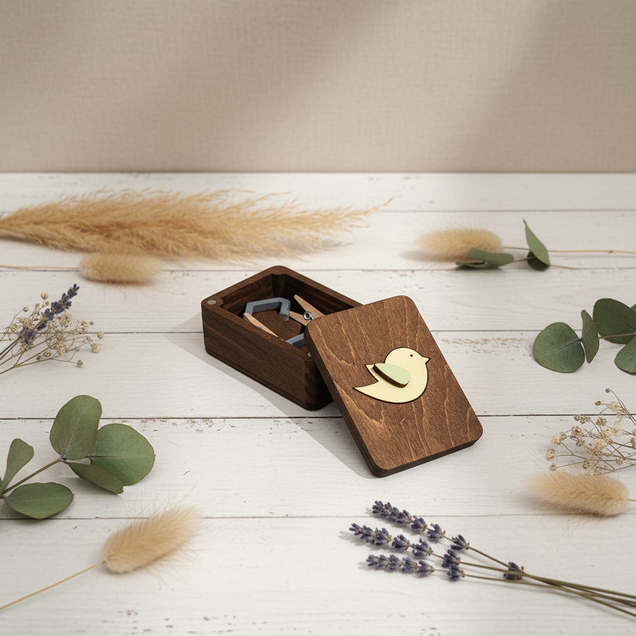 Caja organizadora Wizardi KF057/33 de Madera con Diseño de Pajarito
