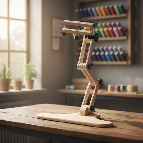 Soporte de bordado Nurge 190-14 en uso con bastidor, permite bordar con ambas manos