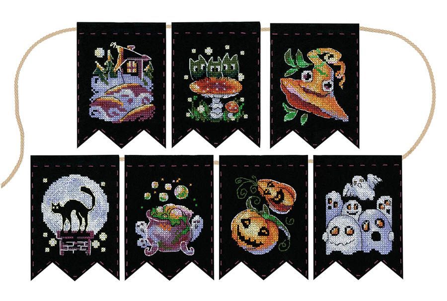 Kit de punto de cruz MP Studia ST-1078 – Guirnalda 'Historias de brujería' (7 banderas) 12x8 cm