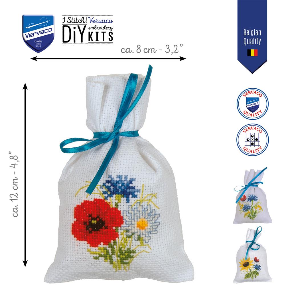 Vervaco Kit de sacs de broderie au point de croix – Fleurs des champs, lot de 3