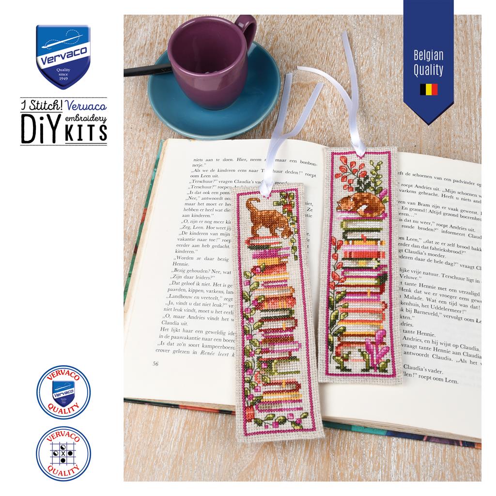 Vervaco Gatos sobre Pilas de Libros – Kit de Punto de Cruz para 2 Marcapáginas 6 × 20 cm