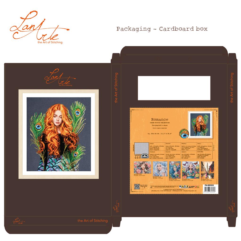 Lanarte The Peacock’s Muse Cross Stitch Kit with DMC threads and metallic accents