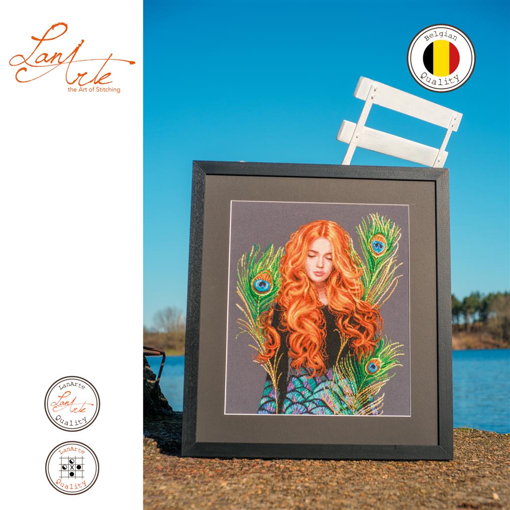 Lanarte The Peacock’s Muse Cross Stitch Kit with DMC threads and metallic accents