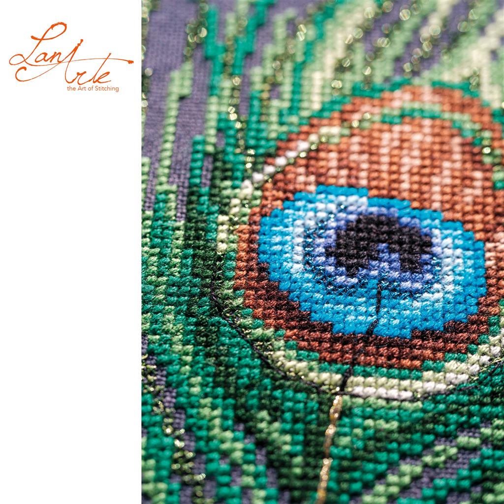 Lanarte The Peacock’s Muse Cross Stitch Kit with DMC threads and metallic accents