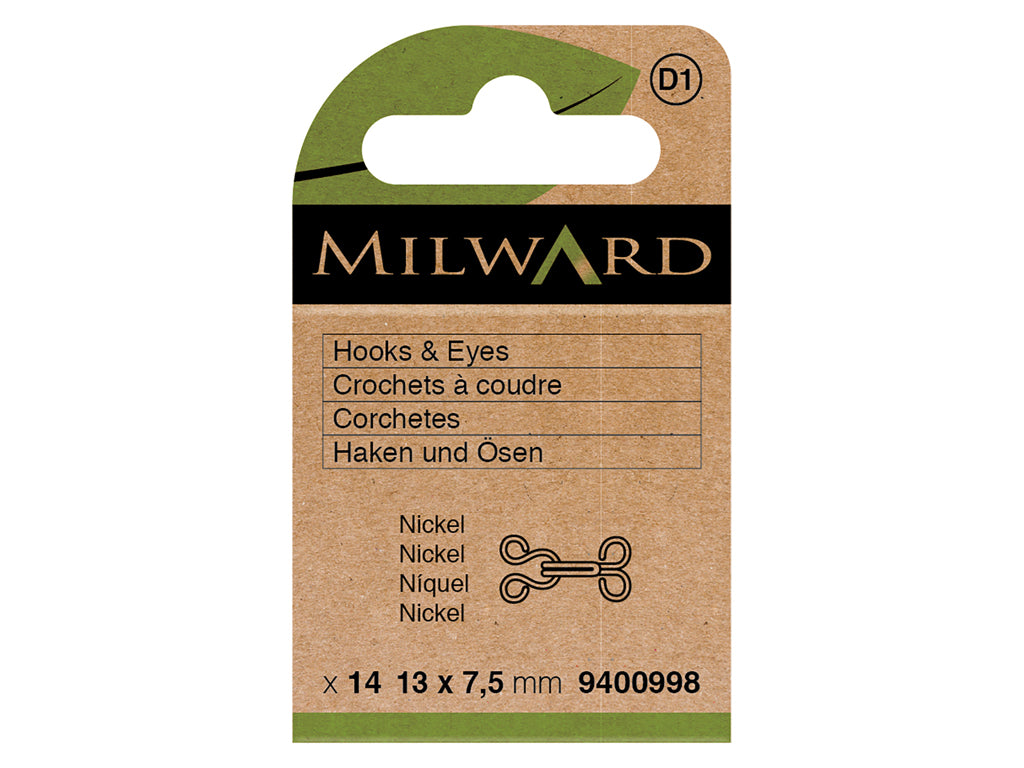 Pack de 14 Crochets Milward Nickelés Taille #1 13x7,5 mm pour Fermeture de Vêtements