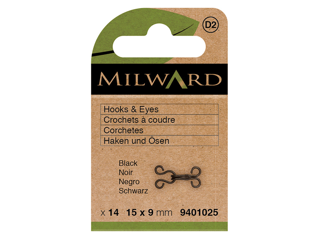 Lot de 14 crochets Milward #2 en noir - Fermetures résistantes 15x9 mm