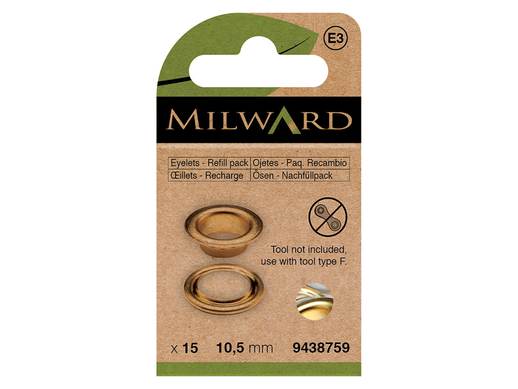Pack de 15 Ojetes Milward de 10.5 mm - Acabado en Oro para Costura y Manualidades