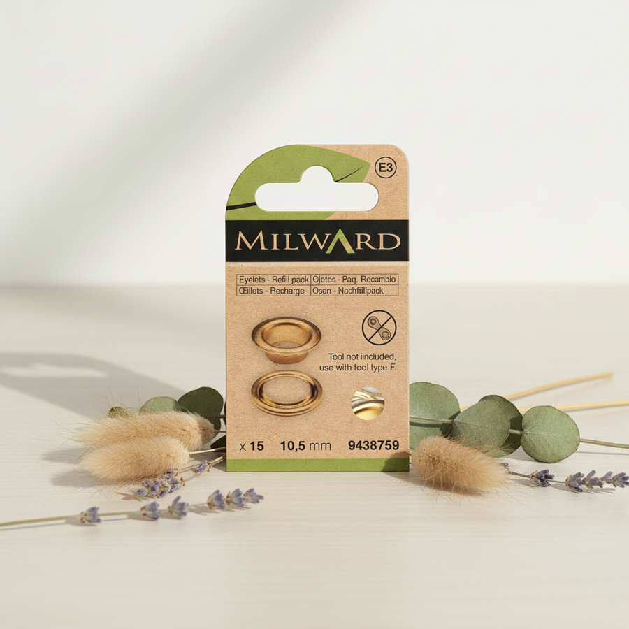 Ojetes de recambio Milward 9438759 – Pack de 15 Ojetes de – Acabado en Oro para Costura y Manualidades 10,5 mm