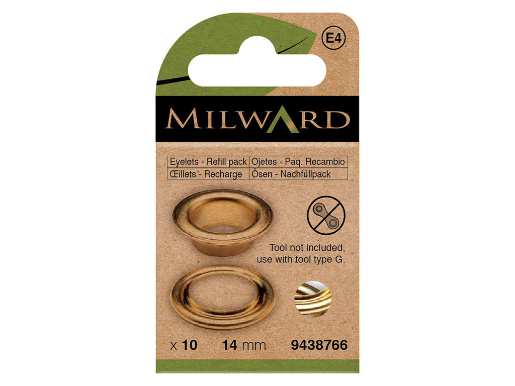 Pack of 10 Milward Gold Replacement Eyelets - 14 mm for Sewing and Crafts