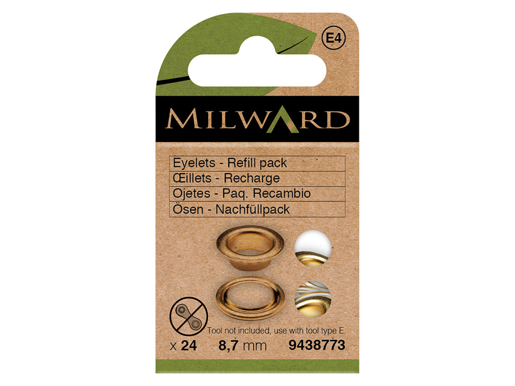 Pack of 25 Milward Gold Eyelets 8.7 mm - Refined Components for Sewing