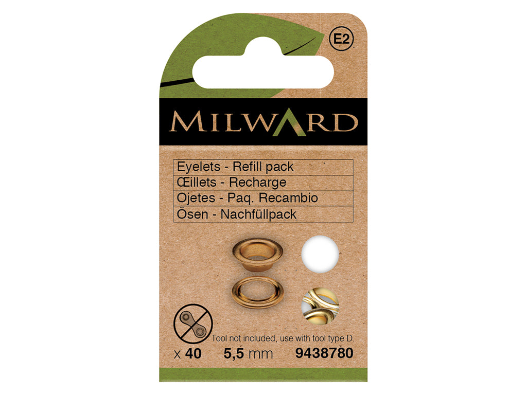 Pack de 40 Ojetes de Recambio Milward Dorados - 5.5 mm para Costura Fina y Manualidades