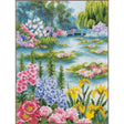 Kit de punto de cruz Lanarte By the Water Lily Pond con paisaje de estanque, nenúfares, puente azul y flores de jardín.