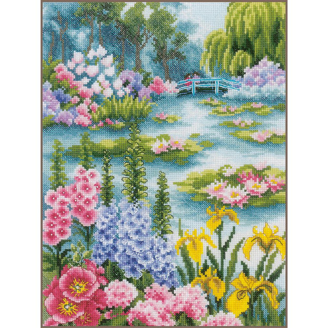 Kit de punto de cruz Lanarte By the Water Lily Pond con paisaje de estanque, nenúfares, puente azul y flores de jardín.