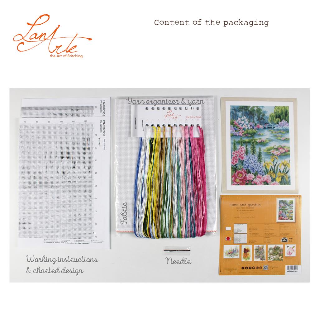 Lanarte Cross Stitch Kit By the Water Lily Pond with water lily pond