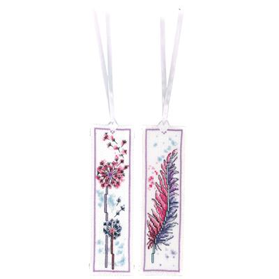 Kit de Punto de Cruz Marcapáginas Pluma y Flores – Set de 2 | Vervaco