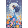 Kit de punto de cruz Vervaco Niña y la Luna PN-0212146 con una joven bajo la luna llena rodeada de flores y un cielo estrellado, tamaño 16 × 28 cm.