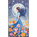 Kit de punto de cruz Vervaco Niña y la Luna PN-0212146 con una joven bajo la luna llena rodeada de flores y un cielo estrellado, tamaño 16 × 28 cm.