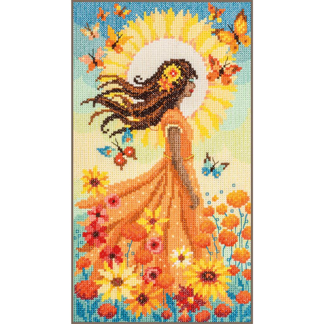 Kit de punto de cruz Vervaco Niña y el Sol con una niña contemplando un gran sol en un paisaje colorido de flores y naturaleza, tamaño 16 × 28 cm.
