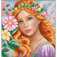 Kit de punto de cruz LanArte Romance Solsticio de Invierno PN-0213467 con retrato femenino rodeado de flores y ramas invernales sobre tela evenweave azul de 32 ct.