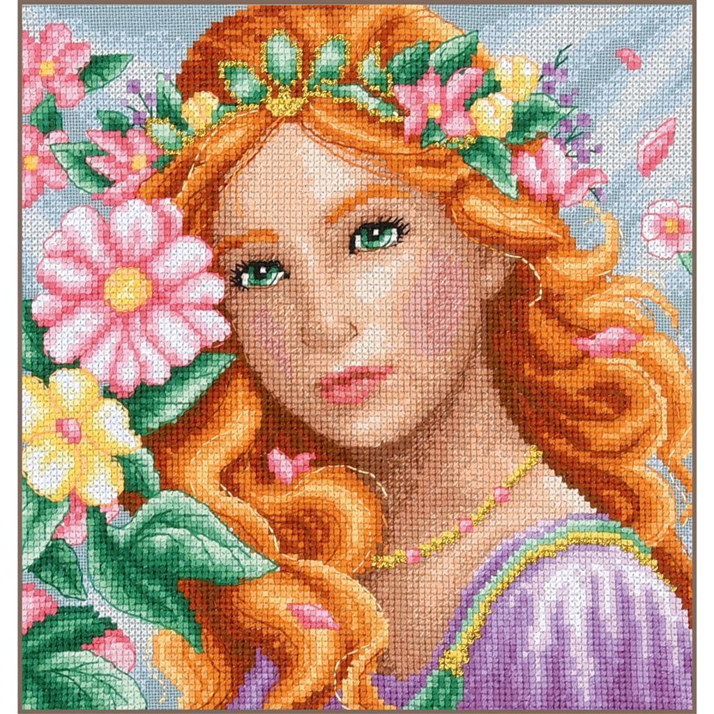 Kit de punto de cruz LanArte Romance Solsticio de Invierno PN-0213467 con retrato femenino rodeado de flores y ramas invernales sobre tela evenweave azul de 32 ct.