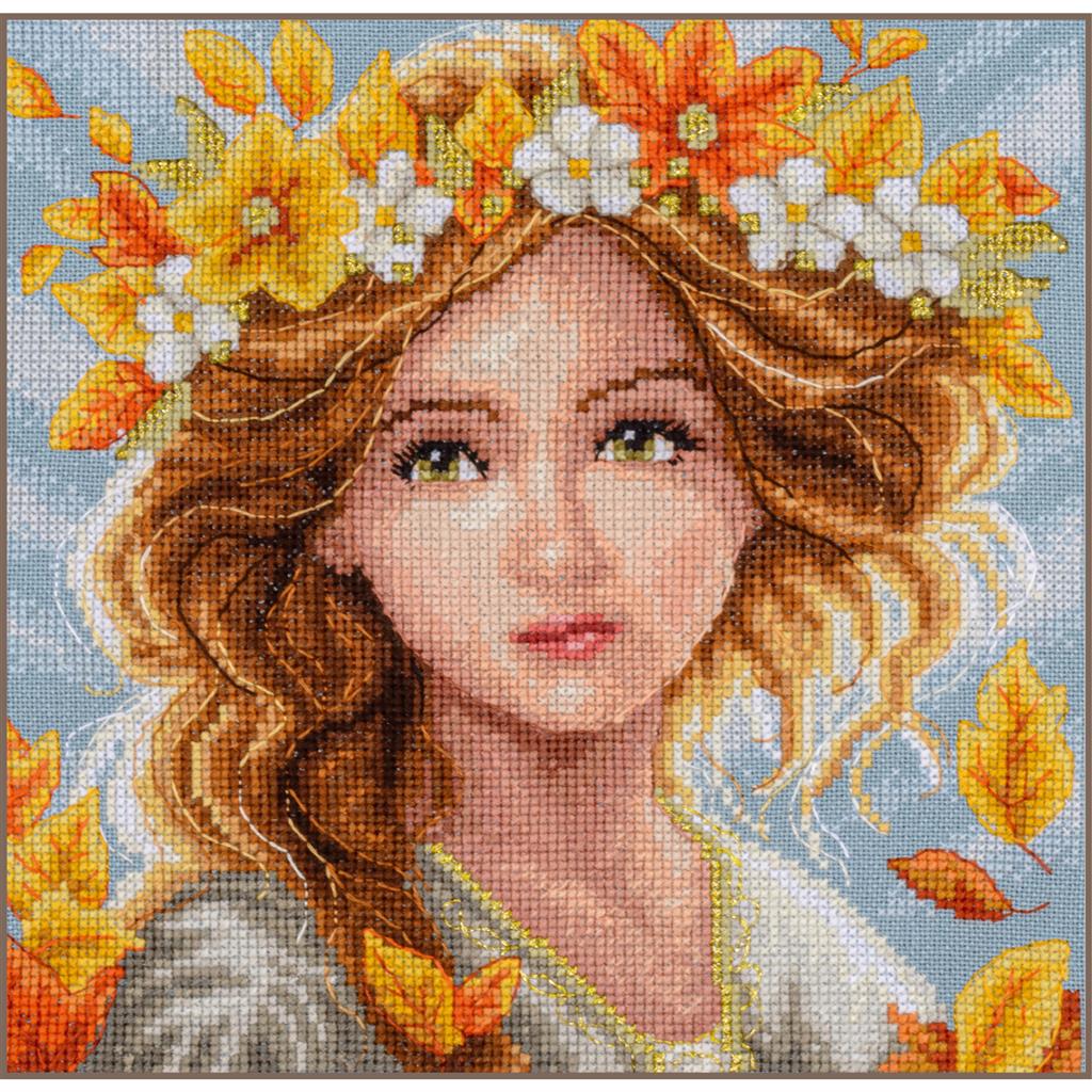 Kit de punto de cruz LanArte Romance Cosecha PN-0213472 con retrato de una mujer rodeada de flores y hojas otoñales, tamaño 18 x 18 cm.