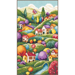 Kit de punto de cruz Vervaco Paisaje con Casitas de 16 × 28 cm con un paisaje de pequeñas casas, árboles, colinas, caminos y colores vivos bordado sobre tela Aida 14 ct.