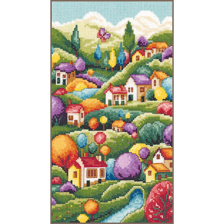 Kit de punto de cruz Vervaco Paisaje con Casitas de 16 × 28 cm con un paisaje de pequeñas casas, árboles, colinas, caminos y colores vivos bordado sobre tela Aida 14 ct.