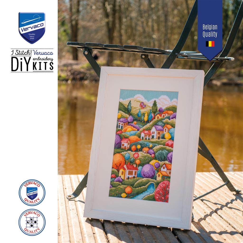 Vervaco Paisaje con Casitas – Kit de Punto de Cruz Contado 16 x 28 cm