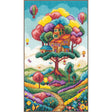 Kit de punto de cruz Vervaco Paisaje con Casa del Árbol de 16 × 28 cm con un paisaje fantástico, colinas, flores, globos aerostáticos y una casa construida en un árbol.