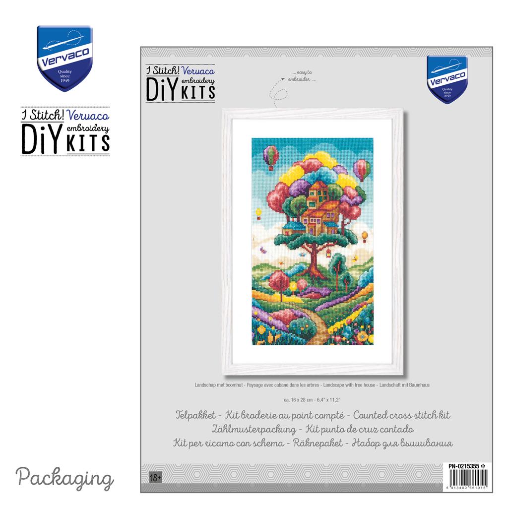 Vervaco Paisaje con Casa del Árbol – Kit de Punto de Cruz Contado 16 x 28 cm