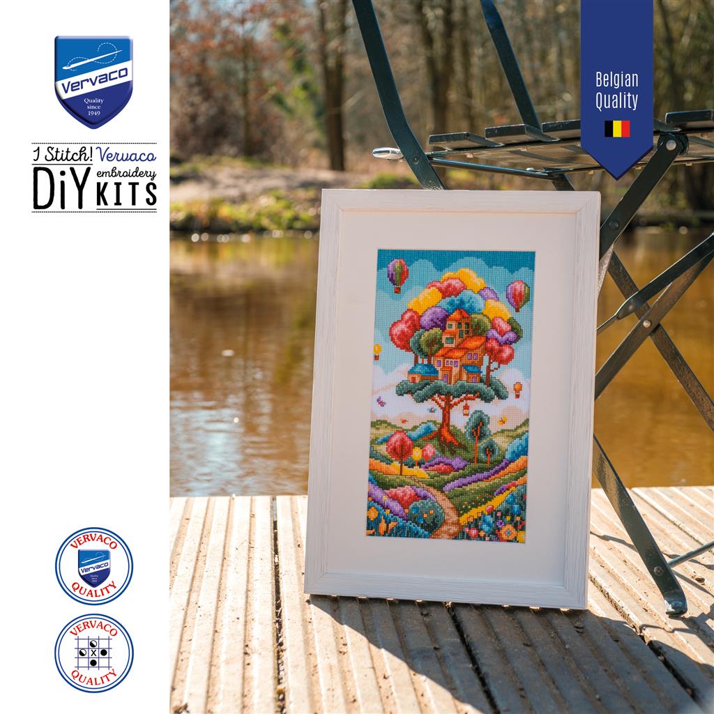 Vervaco Paisaje con Casa del Árbol – Kit de Punto de Cruz Contado 16 x 28 cm