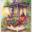 Kit de punto de cruz Lanarte A Beartastic Holiday con dos osos relajándose en una terraza con flores y vistas al mar.