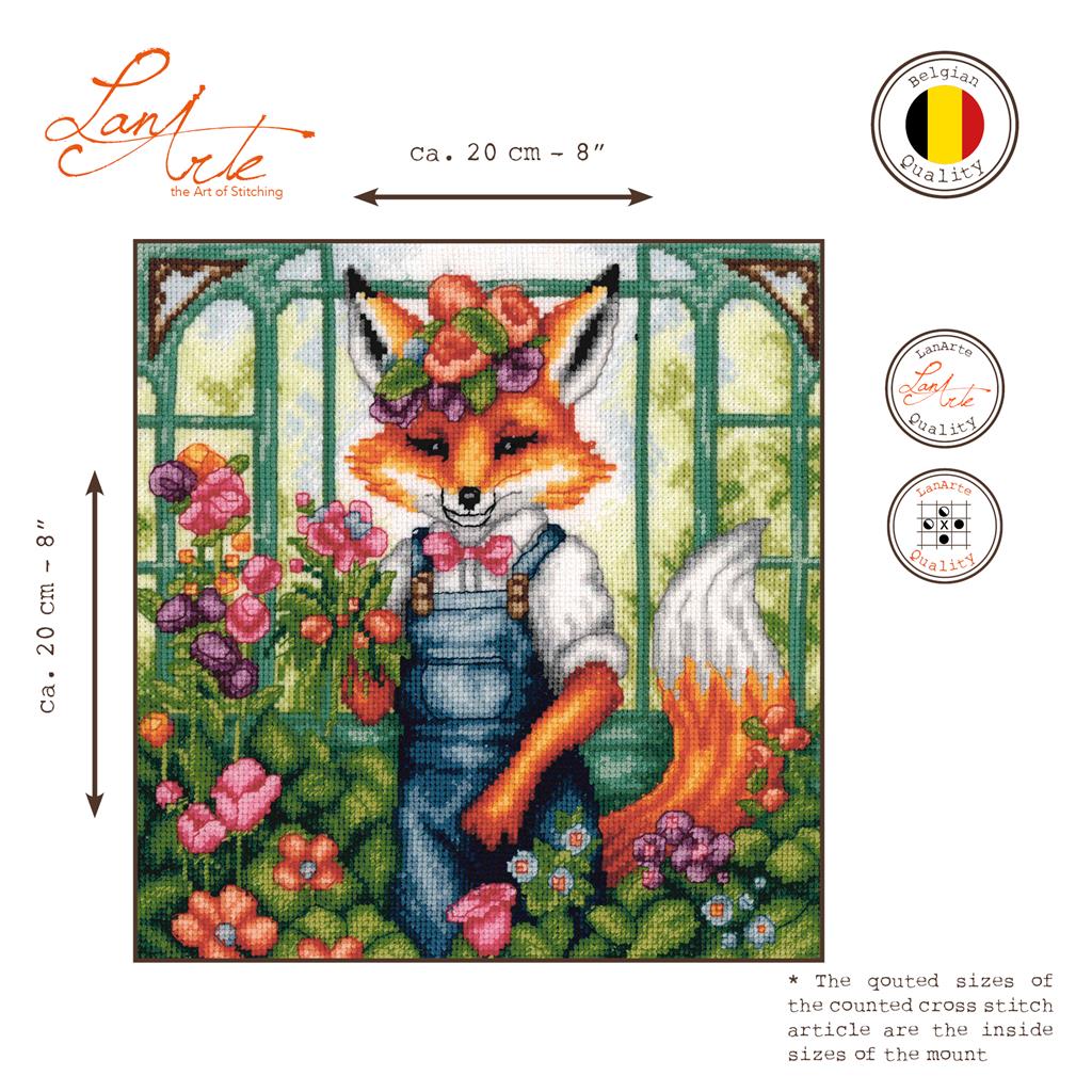 Kit de punto de cruz Lanarte Florian the Fox con zorro jardinero