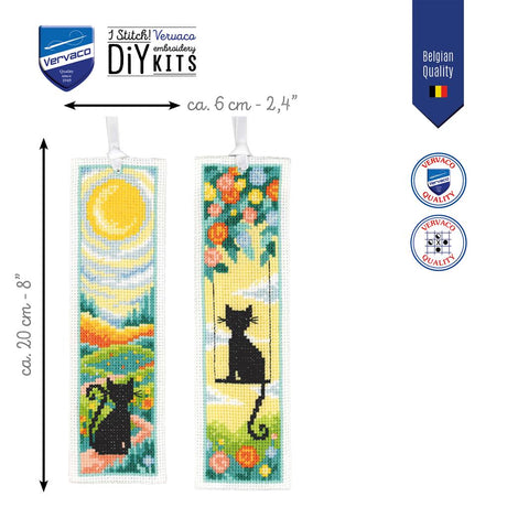 Dos marcapáginas bordados Vervaco con gatos, flores, paisaje soleado y cintas blancas para libros.