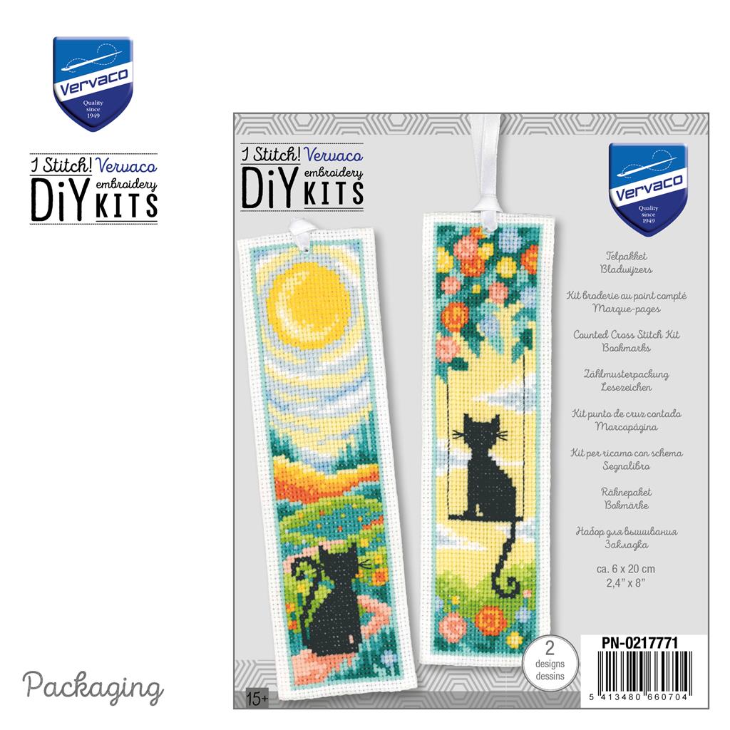Vervaco 0217771 Gatos en el Jardín – Kit de Punto de Cruz para 2 Marcapáginas de 6 x 20 cm