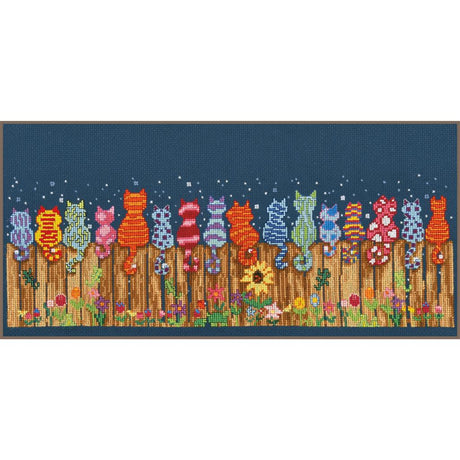 Kit de punto de cruz Vervaco Cats on Fence CD1486 con varios gatos de colores sentados sobre una valla de madera en una escena nocturna.