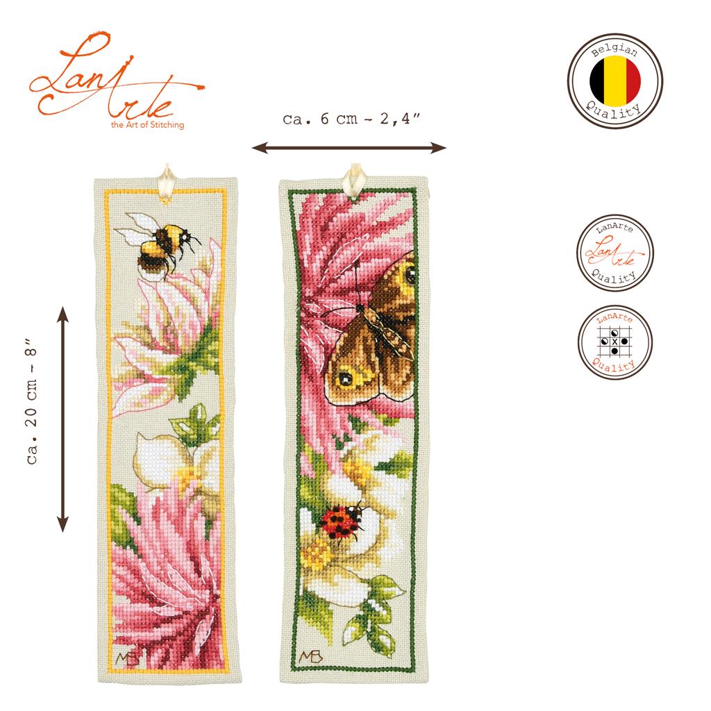 Kit de 2 marque-pages Lanarte Dahlia rose en soie, avec fleurs, abeille et papillon