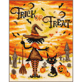 Kit de punto de cruz Vervaco Trick or Treat con bruja de Halloween, gato negro, calabazas, murciélagos y fondo naranja.