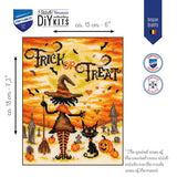 Vervaco Trick or Treat Halloween cross stitch kit with witch and black cat
