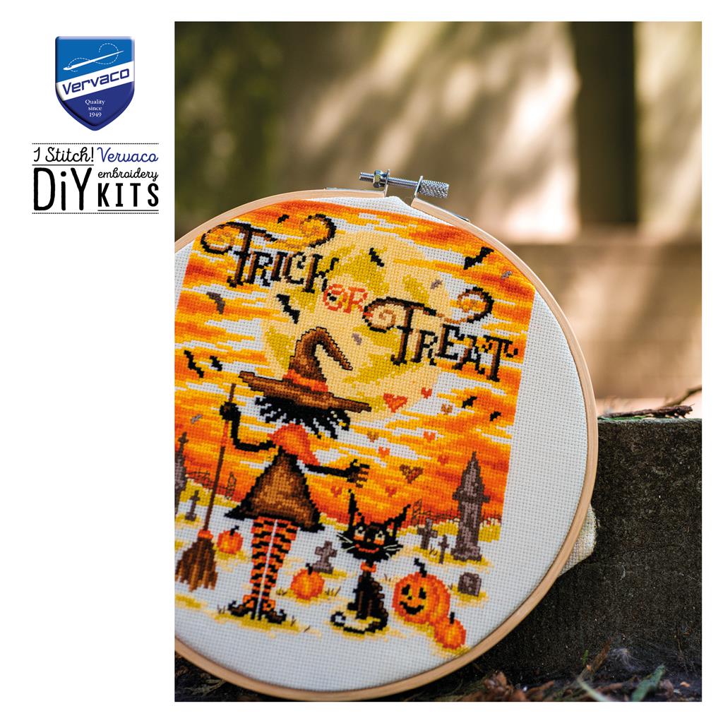 Vervaco Trick or Treat Halloween cross stitch kit with witch and black cat