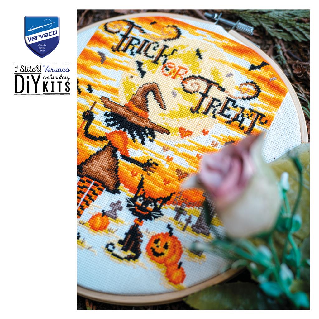 Vervaco Trick or Treat Halloween cross stitch kit with witch and black cat