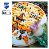 Vervaco Trick or Treat Halloween cross stitch kit with witch and black cat
