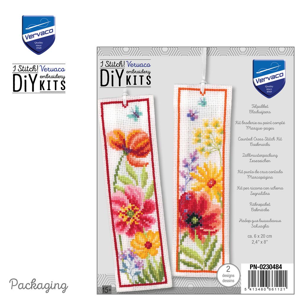 Kit de marque-pages Vervaco Coquelicots et fleurs sauvages, lot de 2 avec fleurs des champs