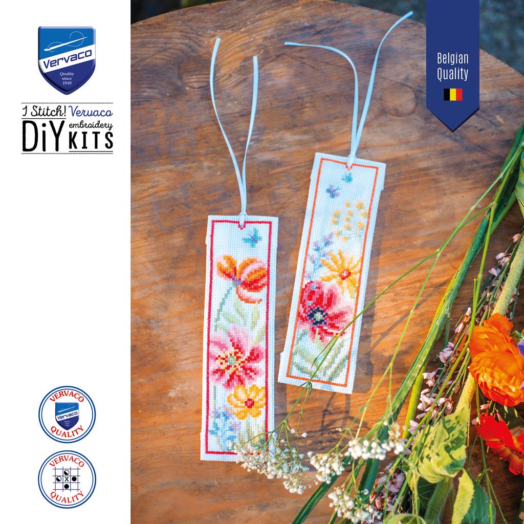 Kit de marque-pages Vervaco Coquelicots et fleurs sauvages, lot de 2 avec fleurs des champs