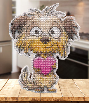 Kit de punto de cruz Magnet Faithful Heart Oven S1723 con perro sosteniendo corazón en canvas plástico para imán decorativo