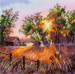 Kit de punto de cruz Harmony of Nature MP Studia con paisaje de bosque al atardecer y reflejos de luz sobre tela blanca